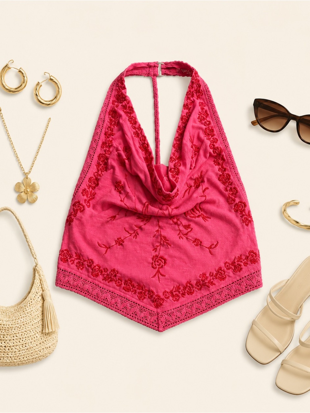 Free People Embroidered Pink Halter Scarf Top